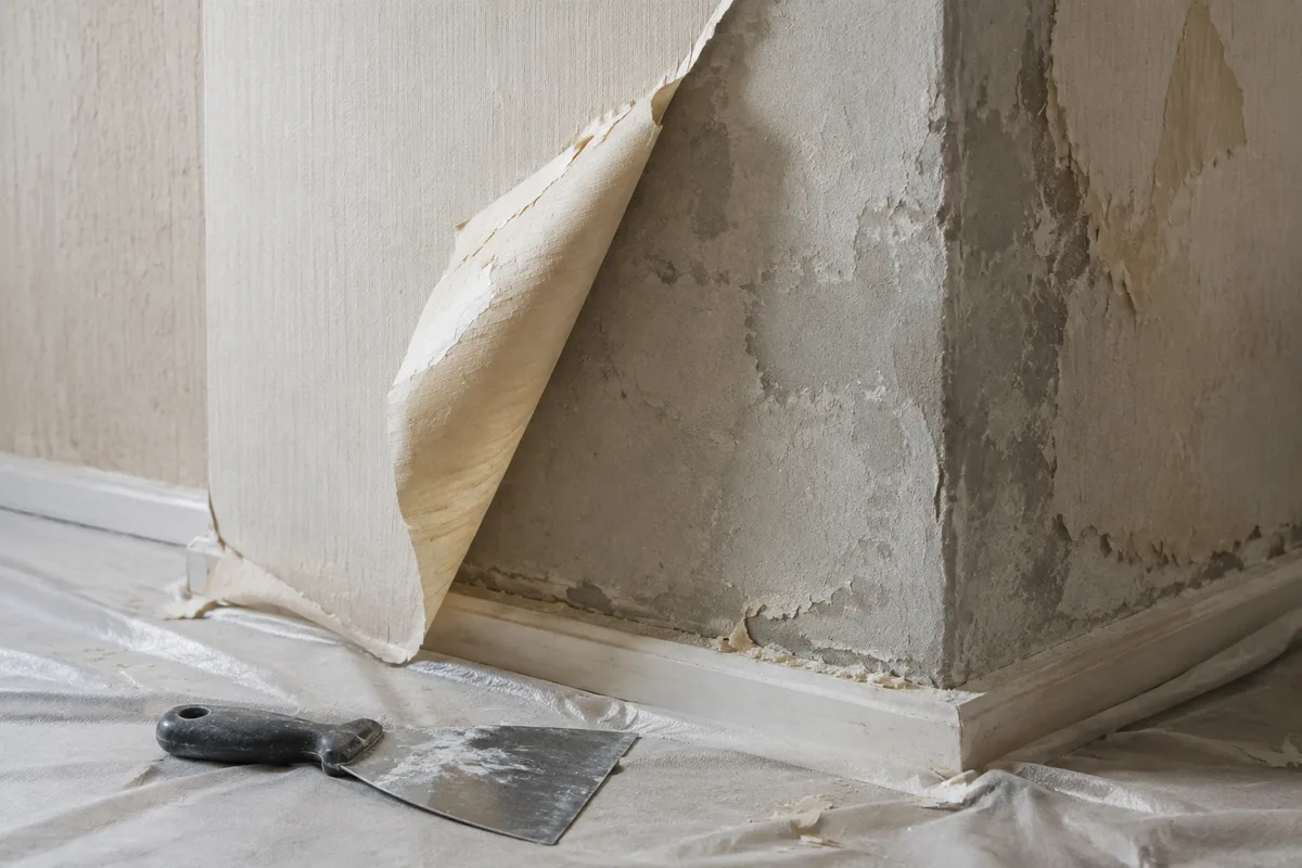Angle de mur avec un lé de papier peint partiellement décollé, spatule posée sur une bâche de protection