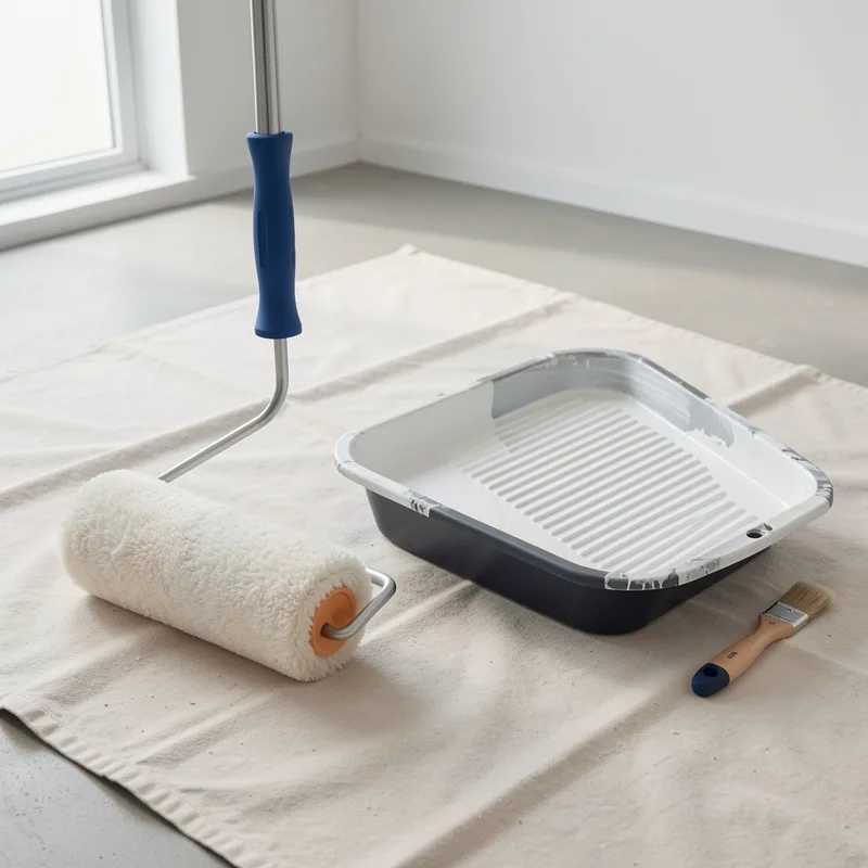 Rouleau à peinture microfibre monté sur perche télescopique posé près d&rsquo;un bac à peinture