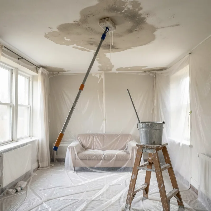 Plafond en cours de nettoyage à l&rsquo;éponge avant remise en peinture, pièce protégée par des bâches