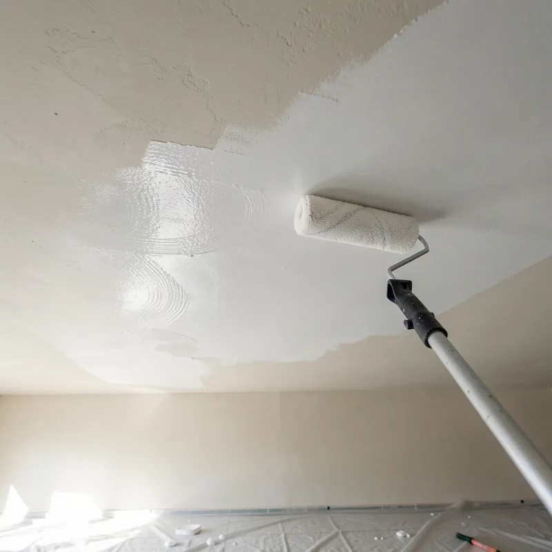 Application de peinture blanche au rouleau sur un plafond, vue en contre-plongée