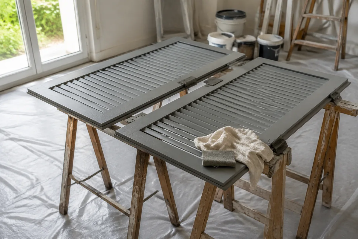 Volets en aluminium démontés posés sur tréteaux dans un atelier de peinture, lumière naturelle latérale