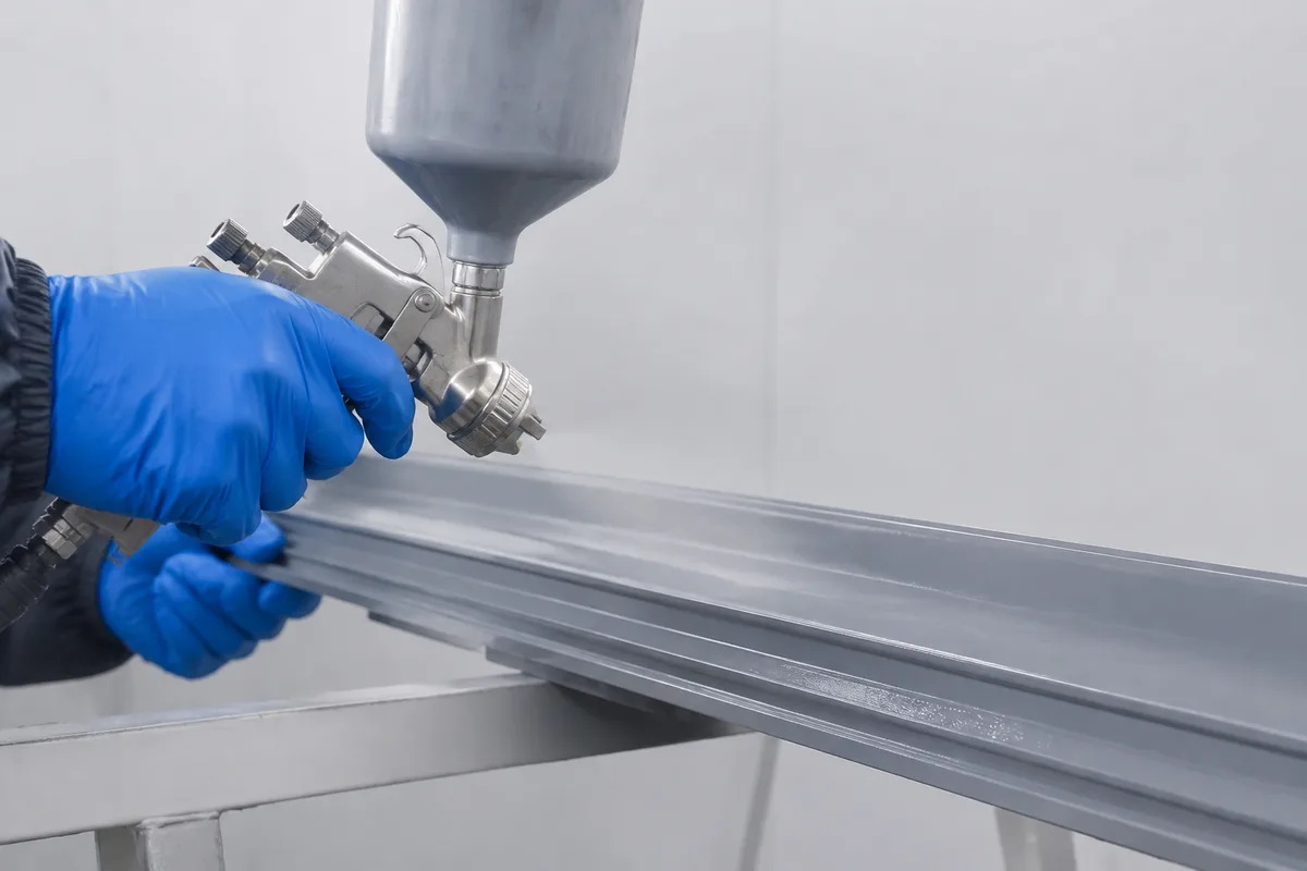 Application au pistolet d&rsquo;une laque sur un profilé aluminium, cabine de peinture, gants de protection