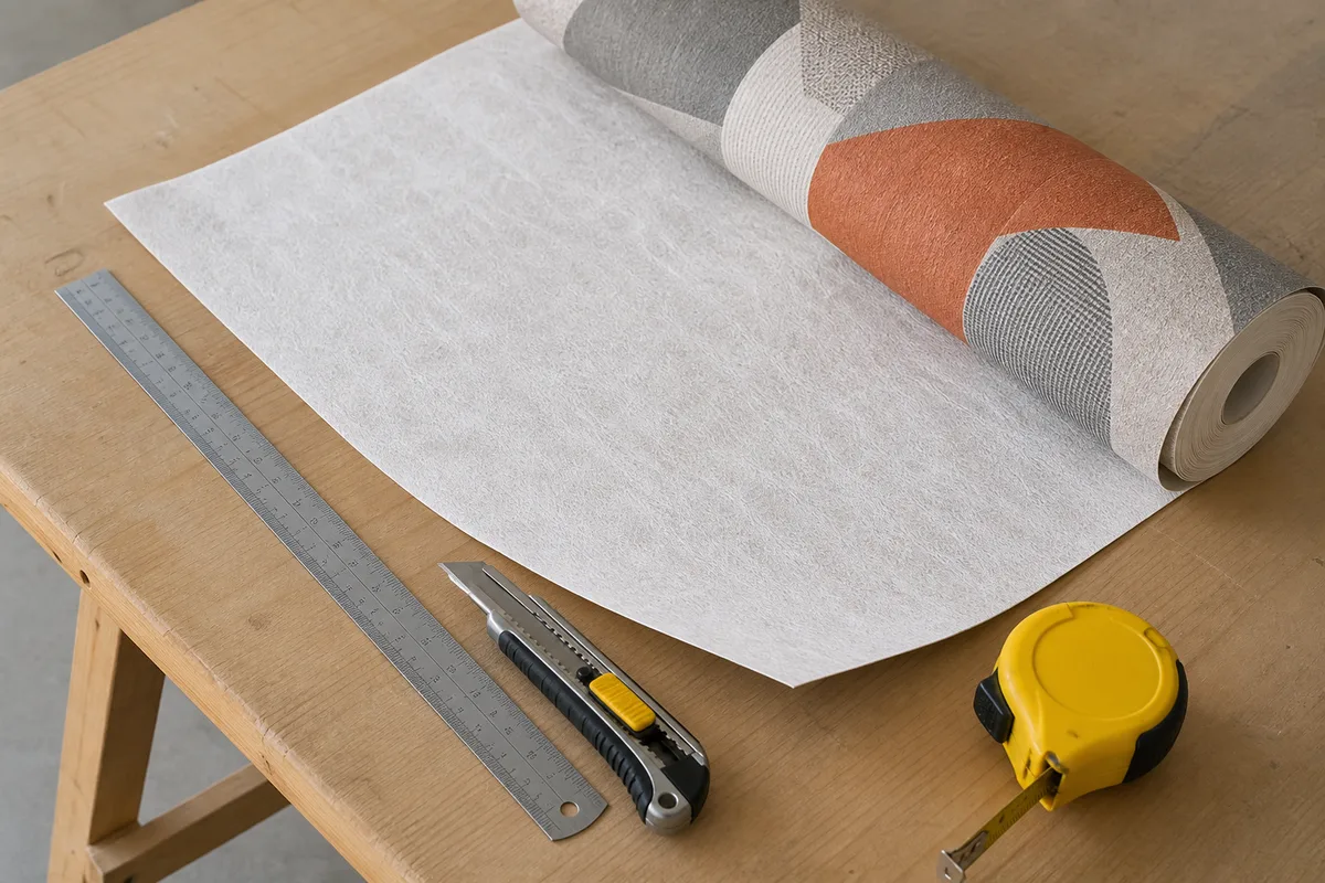 Rouleau de papier peint intissé déroulé sur un plan de travail avec règle et cutter