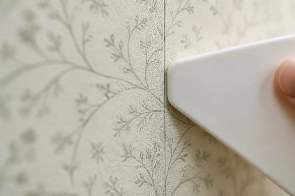 Détail d&rsquo;un joint entre deux lés de papier peint marouflé sur un mur clair