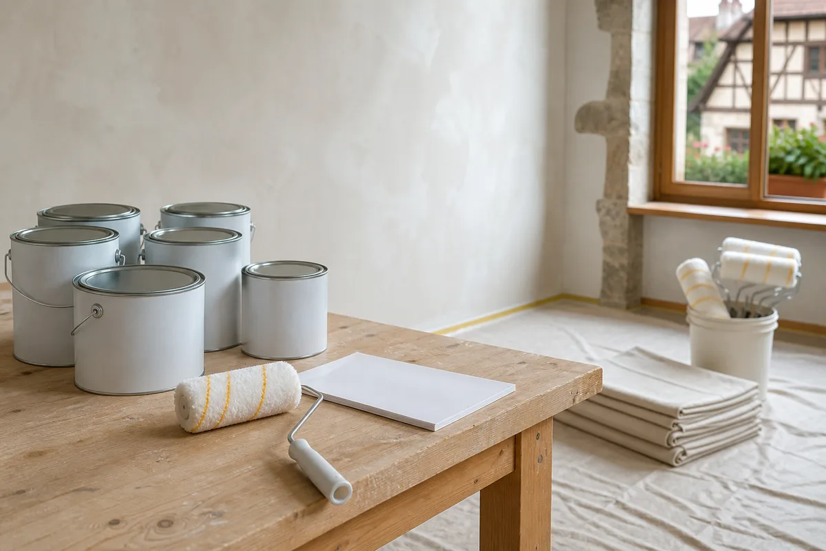 Pots de peinture alignés avec fiche technique et rouleau posés sur un plan de travail