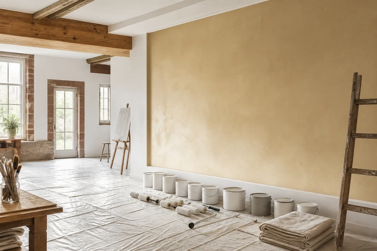 Mur intérieur en cours de mise en peinture, nuancier de teintes posé au premier plan