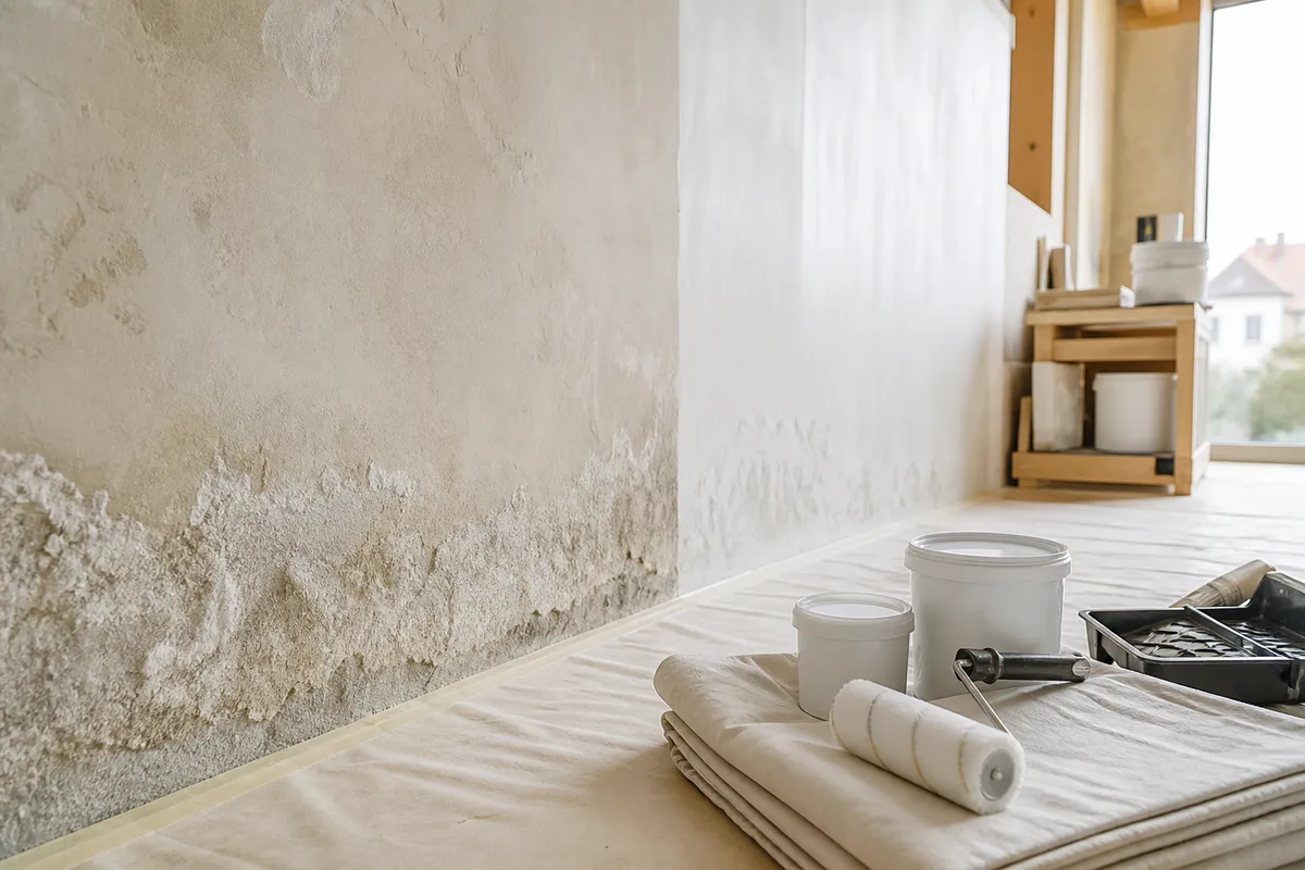 Bas de mur intérieur marqué par un dépôt blanchâtre et une peinture cloquée