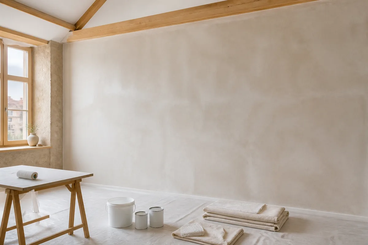 Mur assaini laissé nu en séchage avant toute remise en peinture