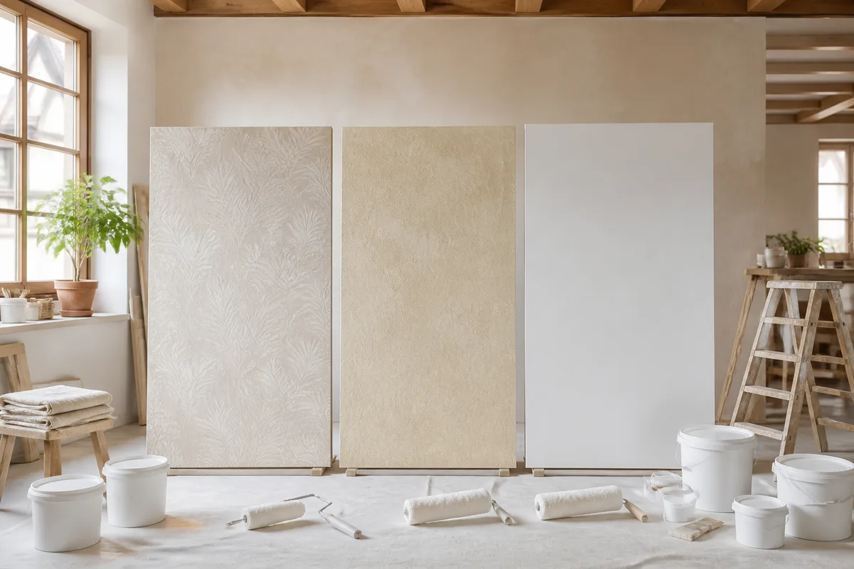 Trois échantillons muraux comparés, papier peint, enduit décoratif et peinture