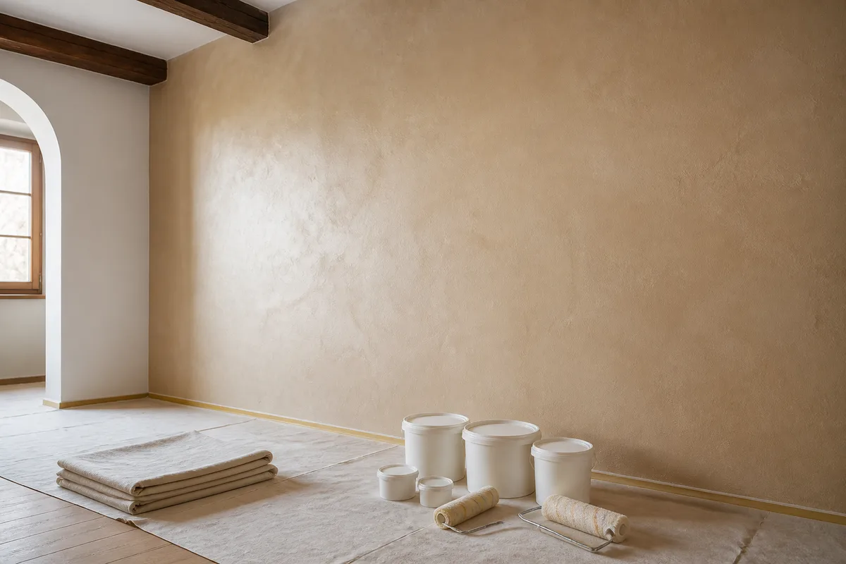 Pan de mur en séjour traité en enduit décoratif à effet de matière