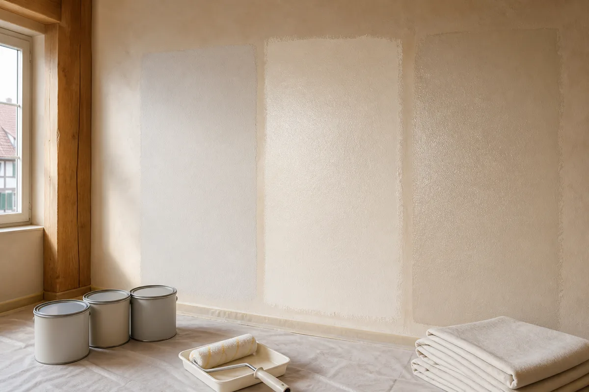 Trois plages de peinture mate, satinée et velours comparées sous une lumière rasante