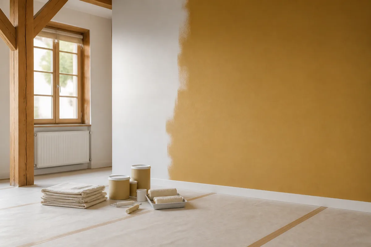 Mur de séjour fraîchement peint en finition velours sous une lumière naturelle douce