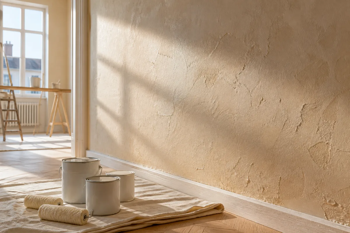 Mur intérieur inspecté en lumière rasante avant travaux de préparation