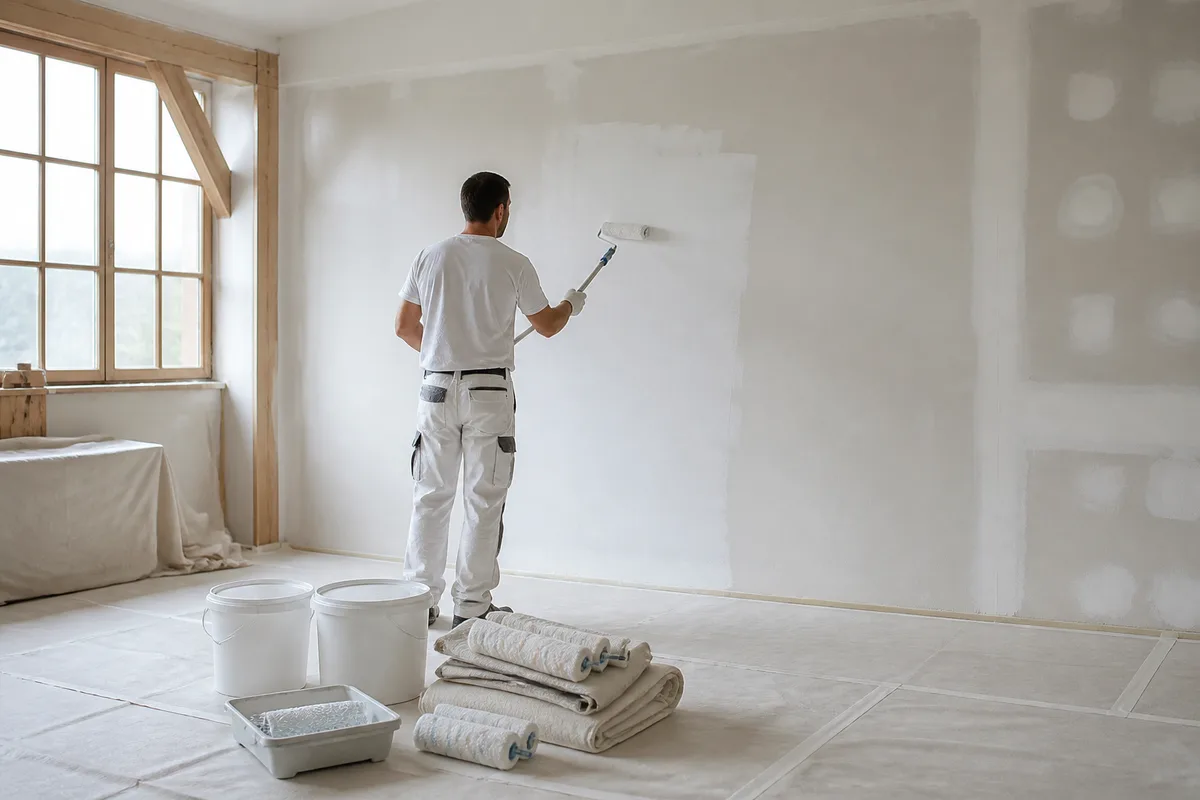Application de la sous-couche au rouleau sur un mur rebouché et poncé