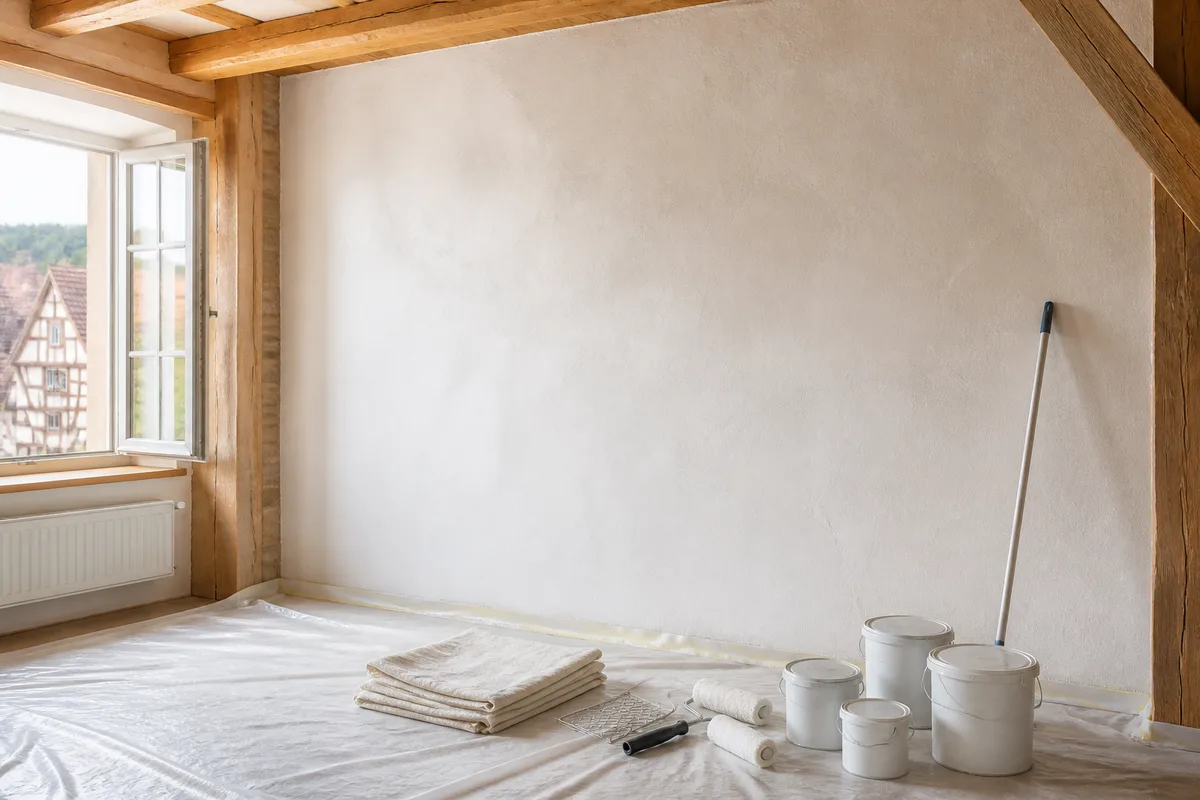 Mur intérieur en cours de rafraîchissement avec bâche de protection et outils posés au sol