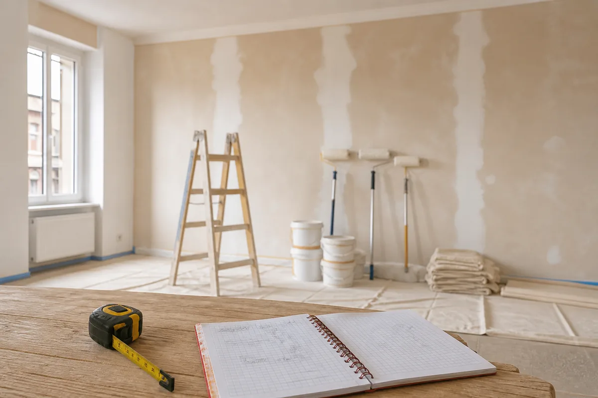 Ruban de mesure et carnet de calcul posés devant un mur préparé avant mise en peinture