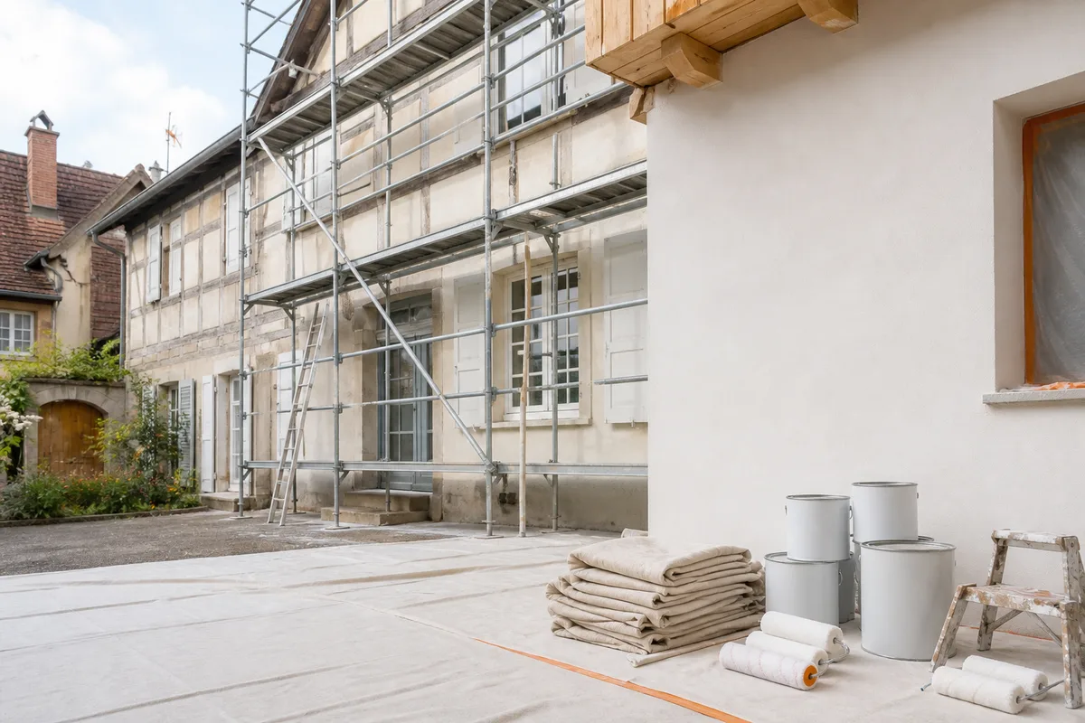 Façade de maison alsacienne en cours de ravalement avec échafaudage installé